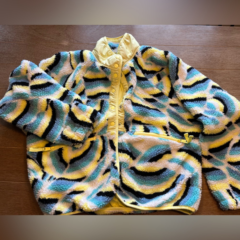 Free People Size Large Rocky Ridge Fleece Jacket Blue Rainbow Combo
